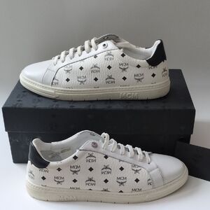 MCM Terrain Monogram Derby White Black Lace Up Leather Sneaker EU 42/US 9 In Box